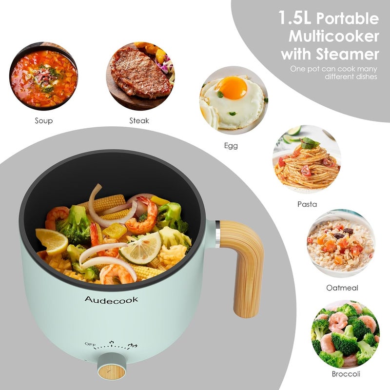Audecook Hot Pot Electric with Steamer, 1.5L Portable Nonstick Mini Multicooker, Travel Electric Skillet with Dual Power Control for Pasta/Soup/Steak/Egg/Oatmeal (Green) - Image 2